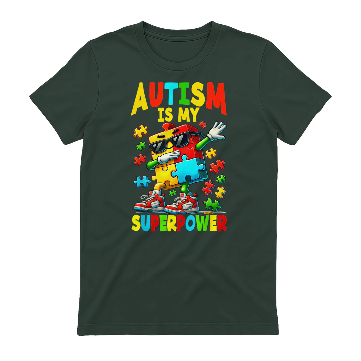 Puzzle Autism Awareness Autistic Support in Forest Green - back view