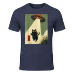Vintage Japanese Cat Alien Cat Dad UFO Abduction Graphic Tee T-Shirt in Heather Navy - front view