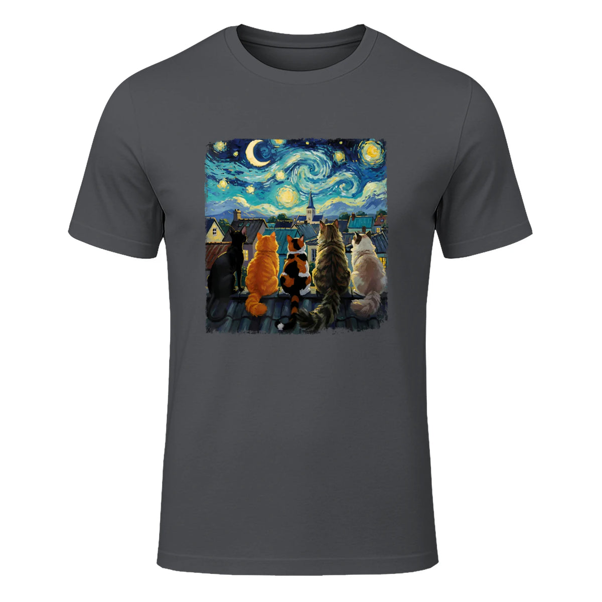 Funny Cat Starry Night Van Gogh Cats Rooftop Scene Feline T-Shirt in Charcoal - front view