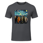 Funny Cat Starry Night Van Gogh Cats Rooftop Scene Feline T-Shirt in Charcoal - front view