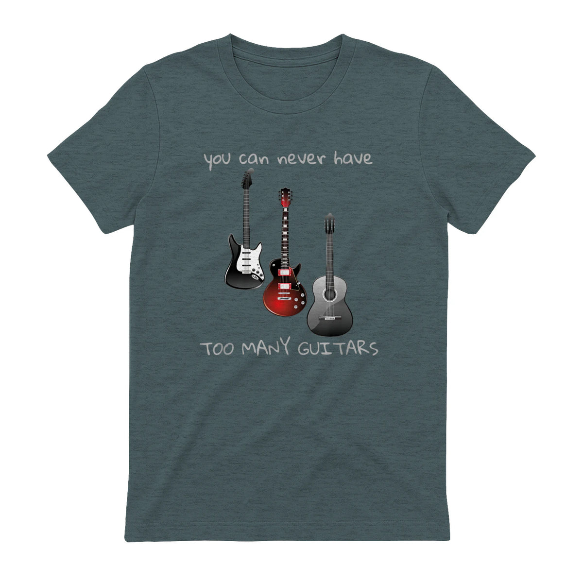 You Can Never Have Too Many Guitars T-Shirt Music Gift Tee in Dark Heather - back view