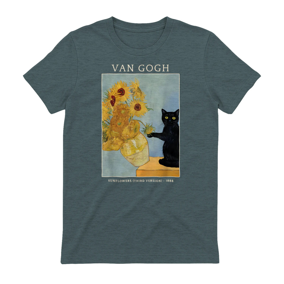 Funny Cat & Sunflowers Van Gogh Art Parody Vintage T-Shirt in Dark Heather - back view