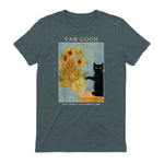 Funny Cat & Sunflowers Van Gogh Art Parody Vintage T-Shirt in Dark Heather - back view
