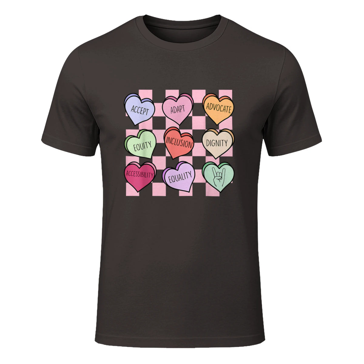 Special Education Teacher Candy Heart Valentines Day Love T-Shirt in Dark Chocolate - front view