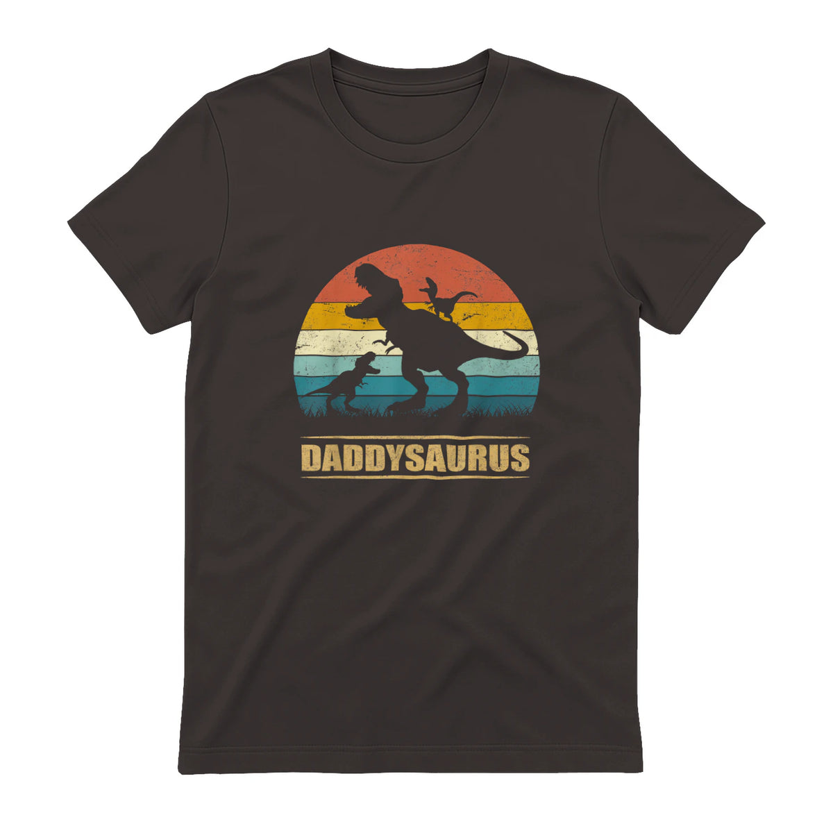 Daddy Dinosaur Daddysaurus Two Kids Funny Father's Day T-Shirt in Dark Chocolate - back view