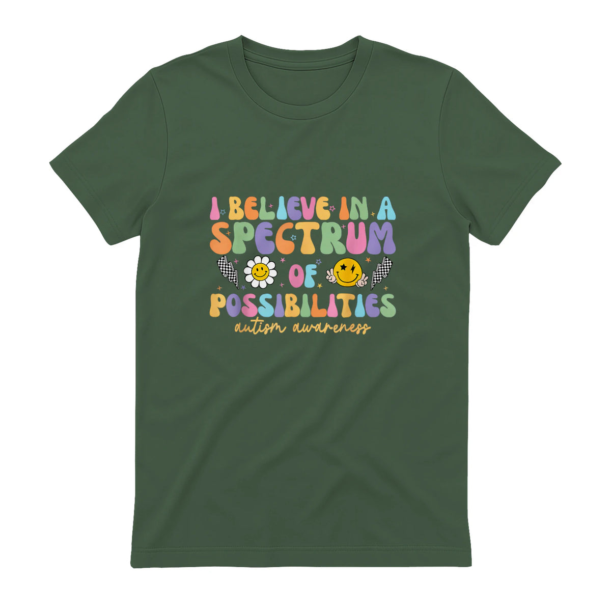 I Believe in A Spectrum of Possibilities Autism Awareness in Military Green - back view
