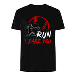 Run Steal I Dare You Humor Baseball Catcher Vintage T-Shirt in Black - back view