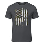 Camo US Flag Deer Elk Buck Camoflage Hunting Hunter Dad Gift Short Sleeve in Charcoal - front view