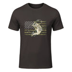 Fishing Camouflage US American Flag Bass Fish Fisherman Camo T-Shirt in Dark Chocolate - front view