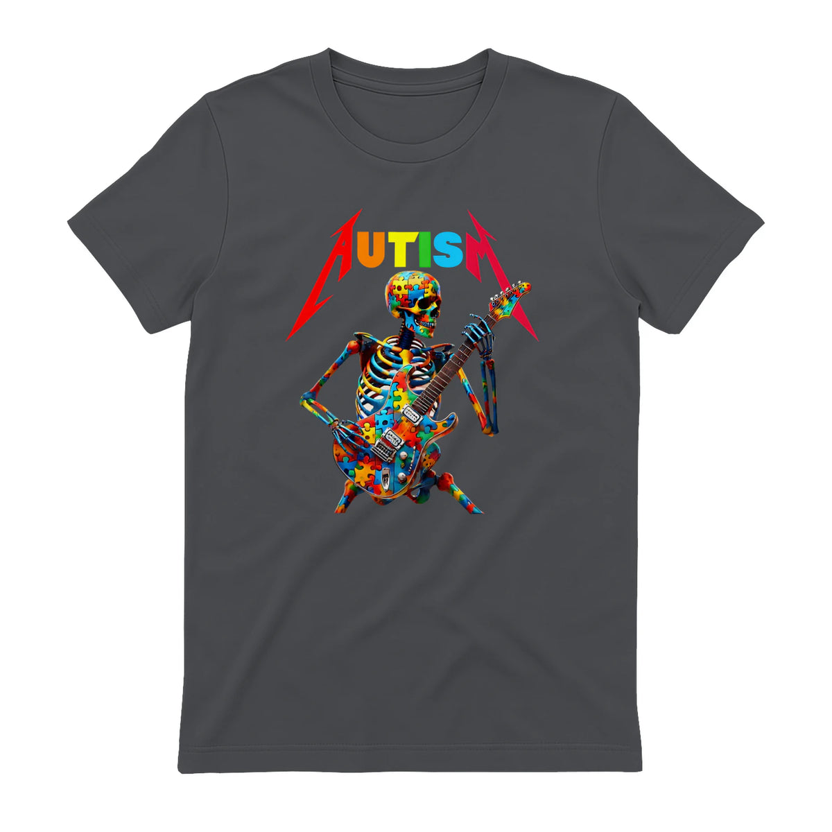 Autism Skeleton Guitar Player Rock Music Autism Awareness in Charcoal - back view
