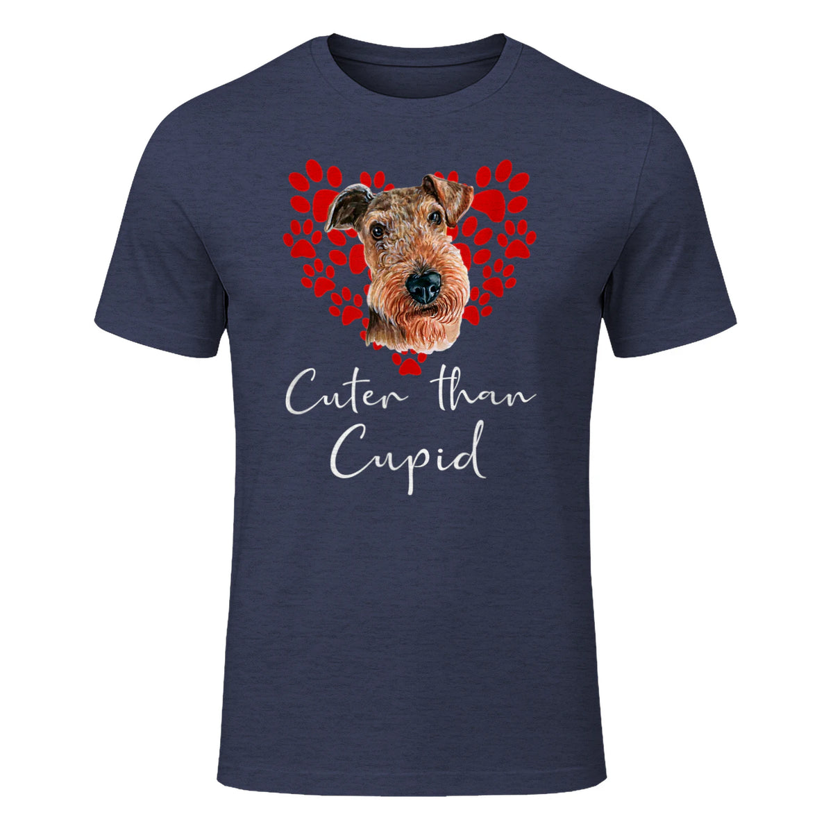 AIREDALE TERRIER Cuter Than Cupid Disant Saint Valentin in Heather Navy - front view