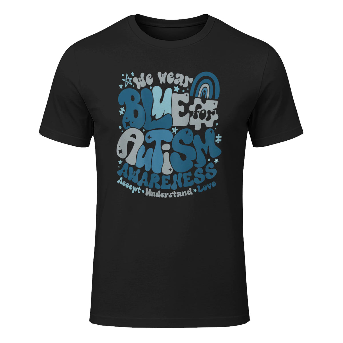 In April We Wear Blue Autism Awareness T-Shirt in Black - front view