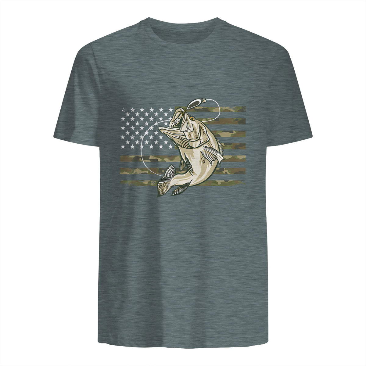 Fishing Camouflage US American Flag Bass Fish Fisherman Camo T-Shirt in Dark Heather - back view