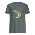 Fishing Camouflage US American Flag Bass Fish Fisherman Camo T-Shirt in Dark Heather - back view