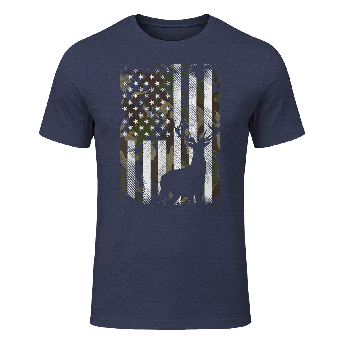 Camo US Flag Deer Elk Buck Camoflage Hunting Hunter Dad Gift Short Sleeve in Heather Navy - front view