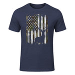 Camo US Flag Deer Elk Buck Camoflage Hunting Hunter Dad Gift Short Sleeve in Heather Navy - front view