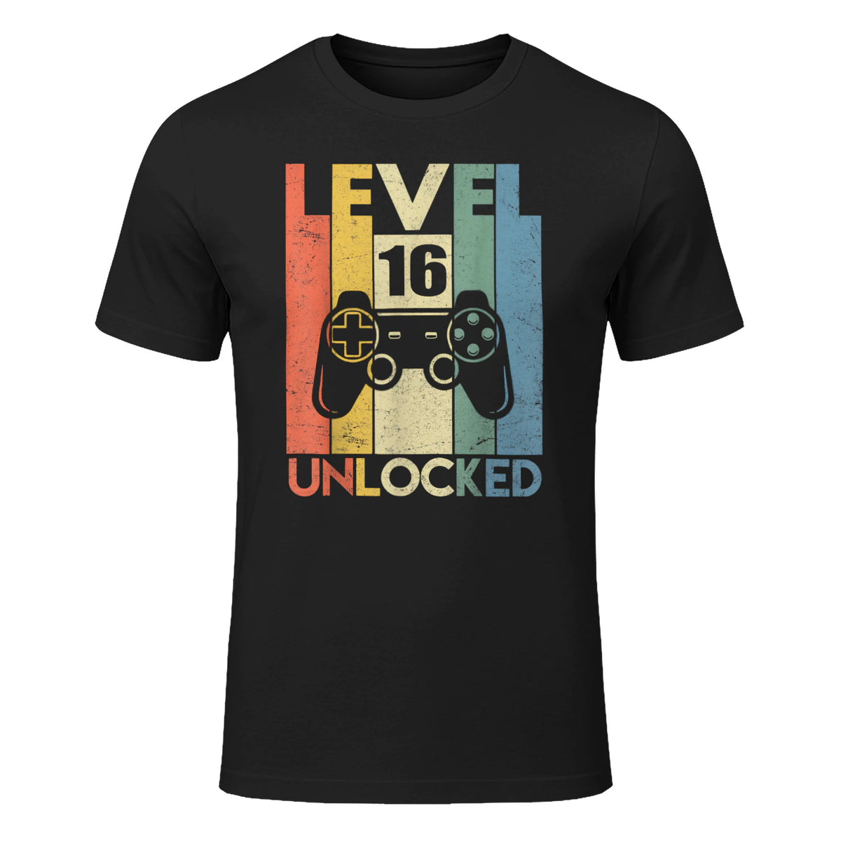 Level Sixteen Unlocked Video Gamer Birthday T-Shirt in Black - front view