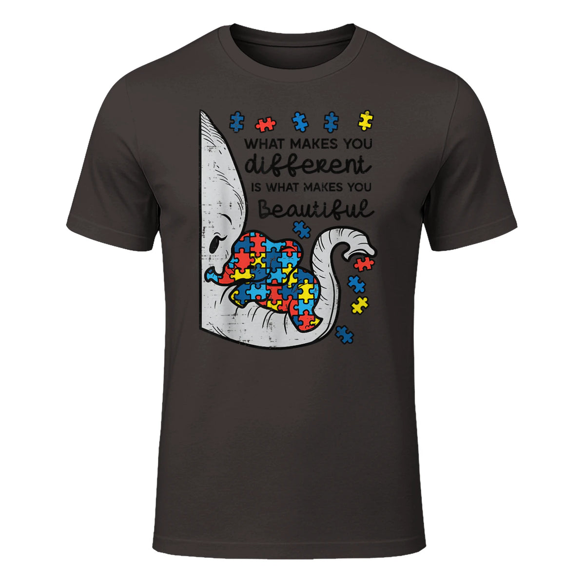 What Makes You Different Autism Awareness T-Shirt in Dark Chocolate - front view