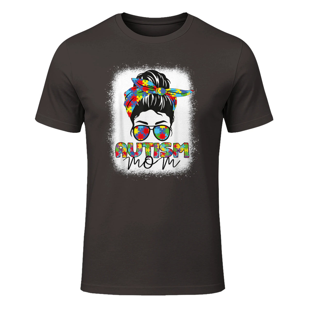 Autism Mom Life Messy Bun T-Shirt in Dark Chocolate - front view