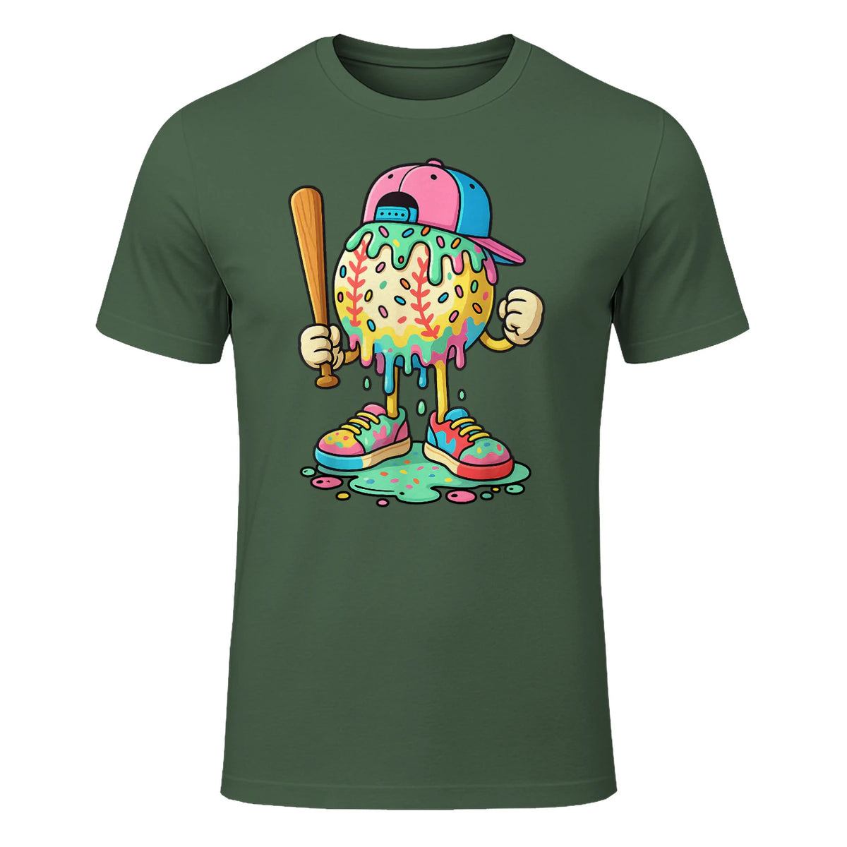 Baseball Drip for Boys Ice Cream Drip Baseball Sport T-Shirt in Military Green - front view