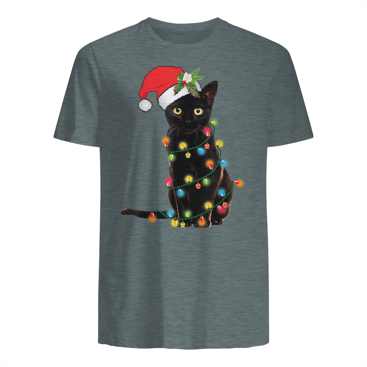 Santa Black Cat Tangled Up In Christmas Tree Lights Holiday in Dark Heather - back view