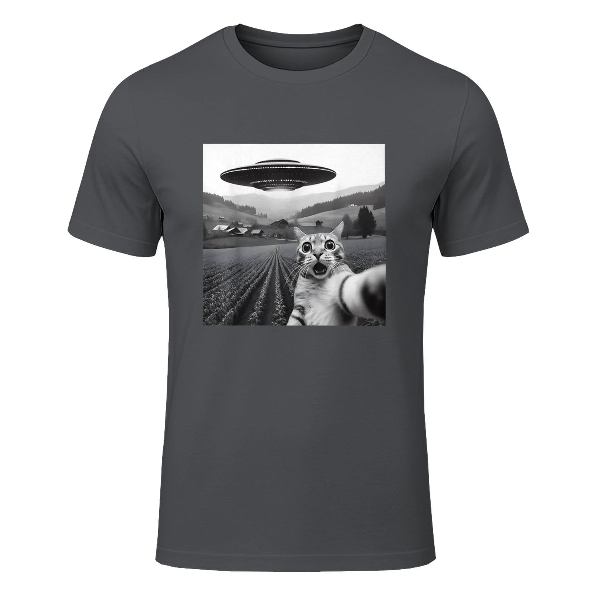 Cat Selfie With Alien UFO Funny Cat Gifts For Men Women Kid T-Shirt in Charcoal - front view