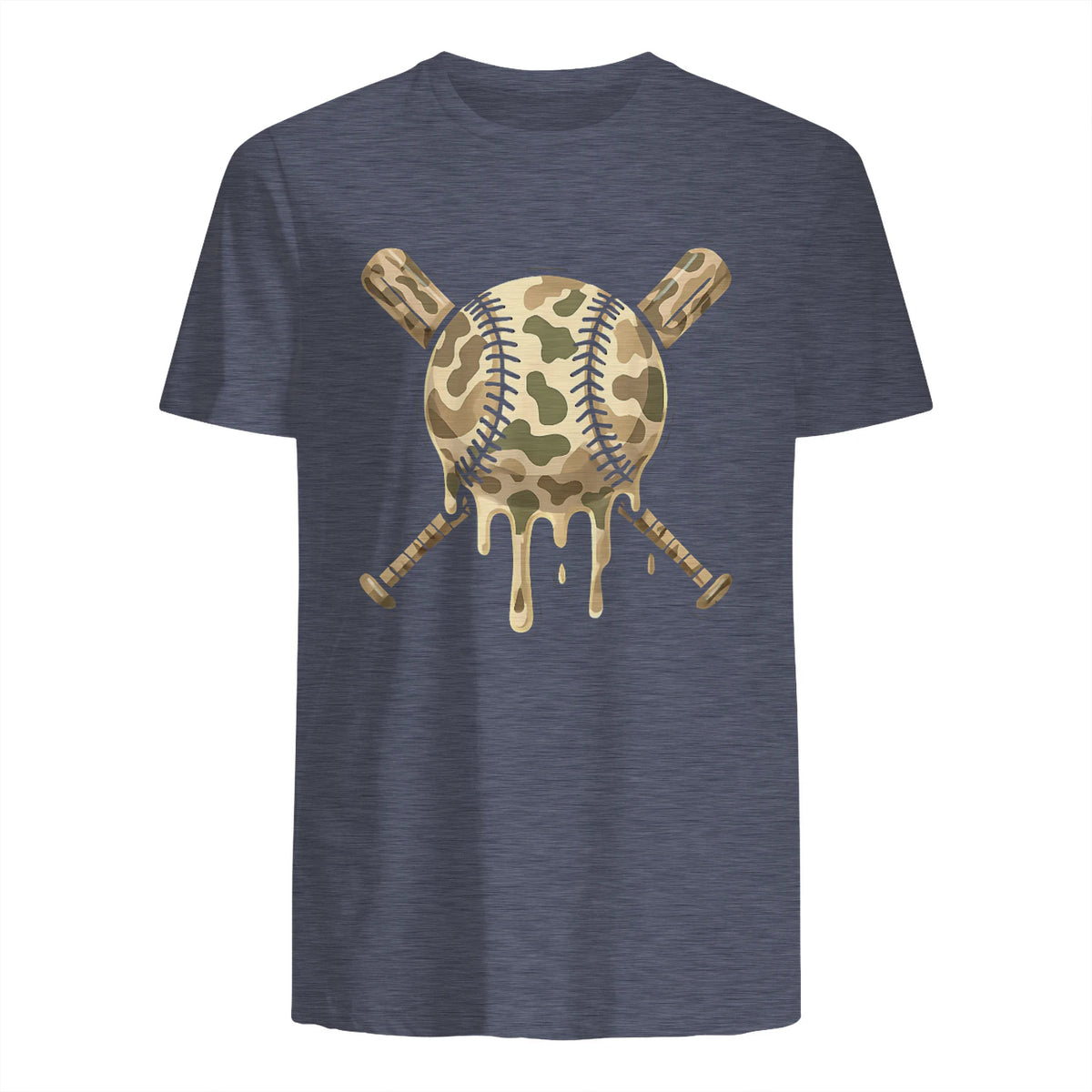 Baseball Drip Camo Baseball Bats Boys Sports Cool Game Day T-Shirt in Heather Navy - back view
