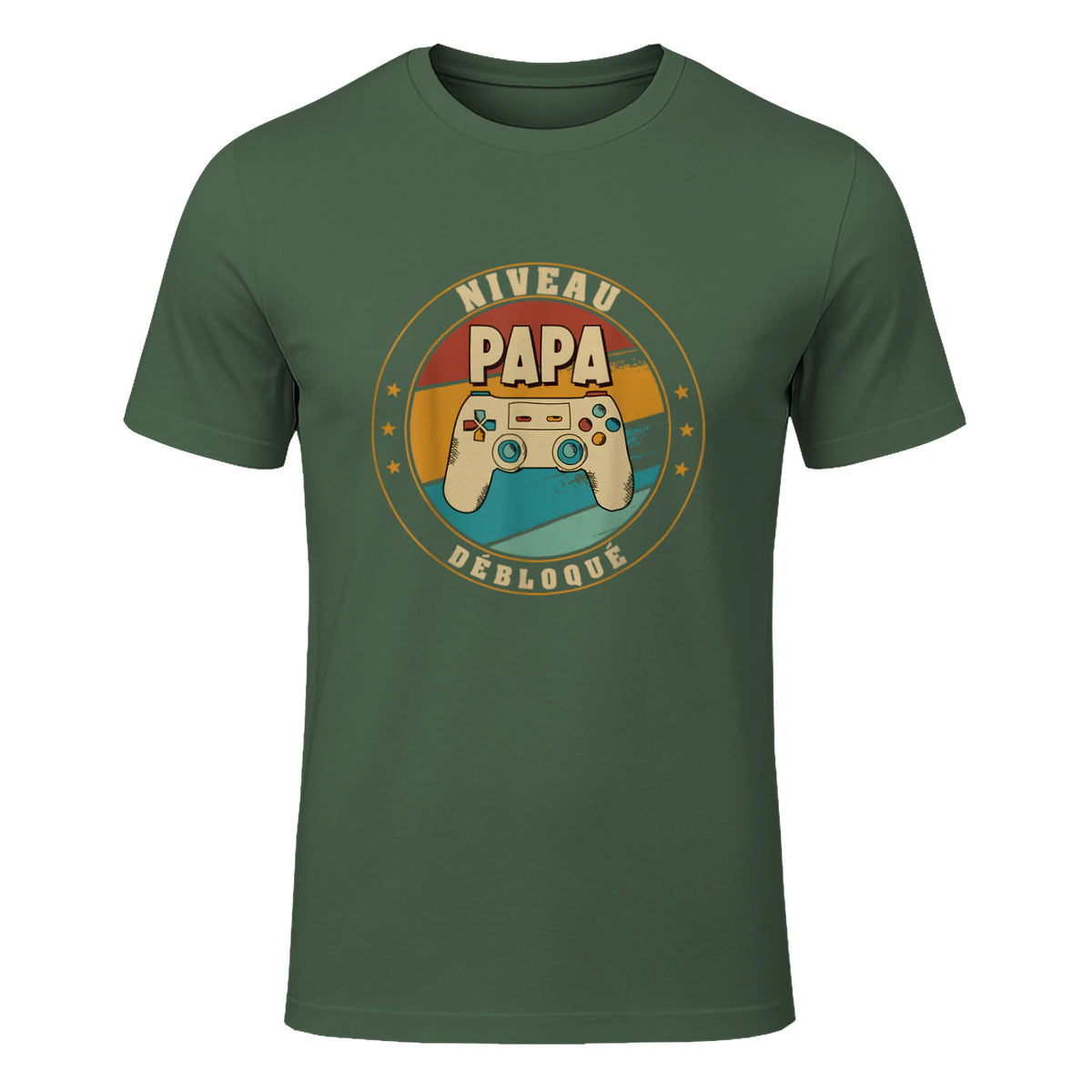 Nouveau Papa Parents Humour Gamer Nouvelle Naissance Annonce T-Shirt in Military Green - front view