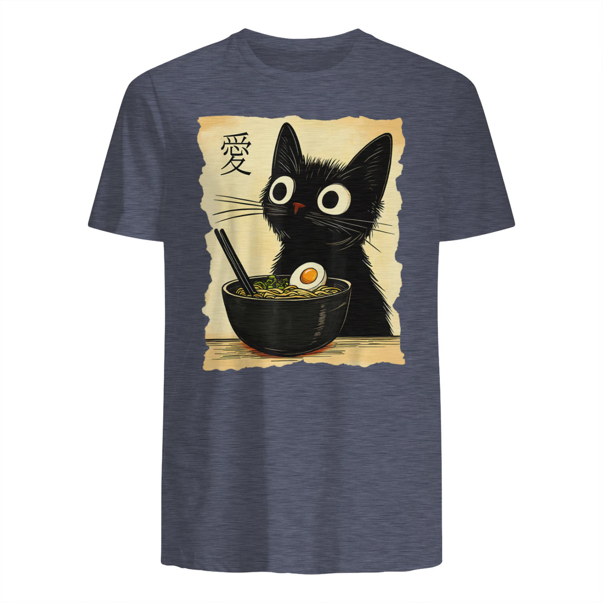 Funny Cat Ramen Graphic Tee Japanese Kawaii Anime Cat T-Shirt in Heather Navy - back view