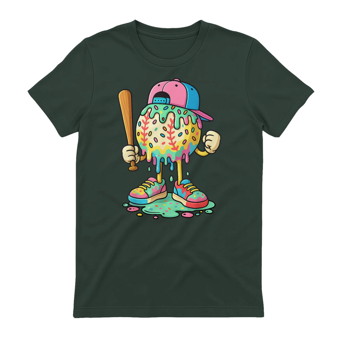 Baseball Drip for Boys Ice Cream Drip Baseball Sport T-Shirt in Forest Green - back view