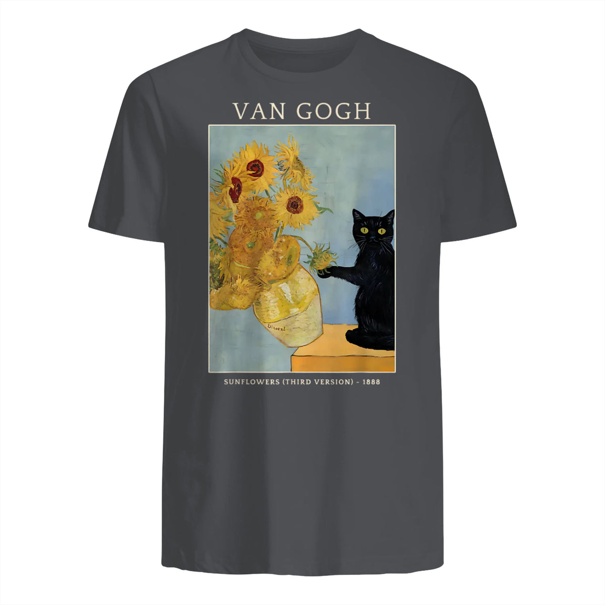 Funny Cat & Sunflowers Van Gogh Art Parody Vintage T-Shirt in Charcoal - back view