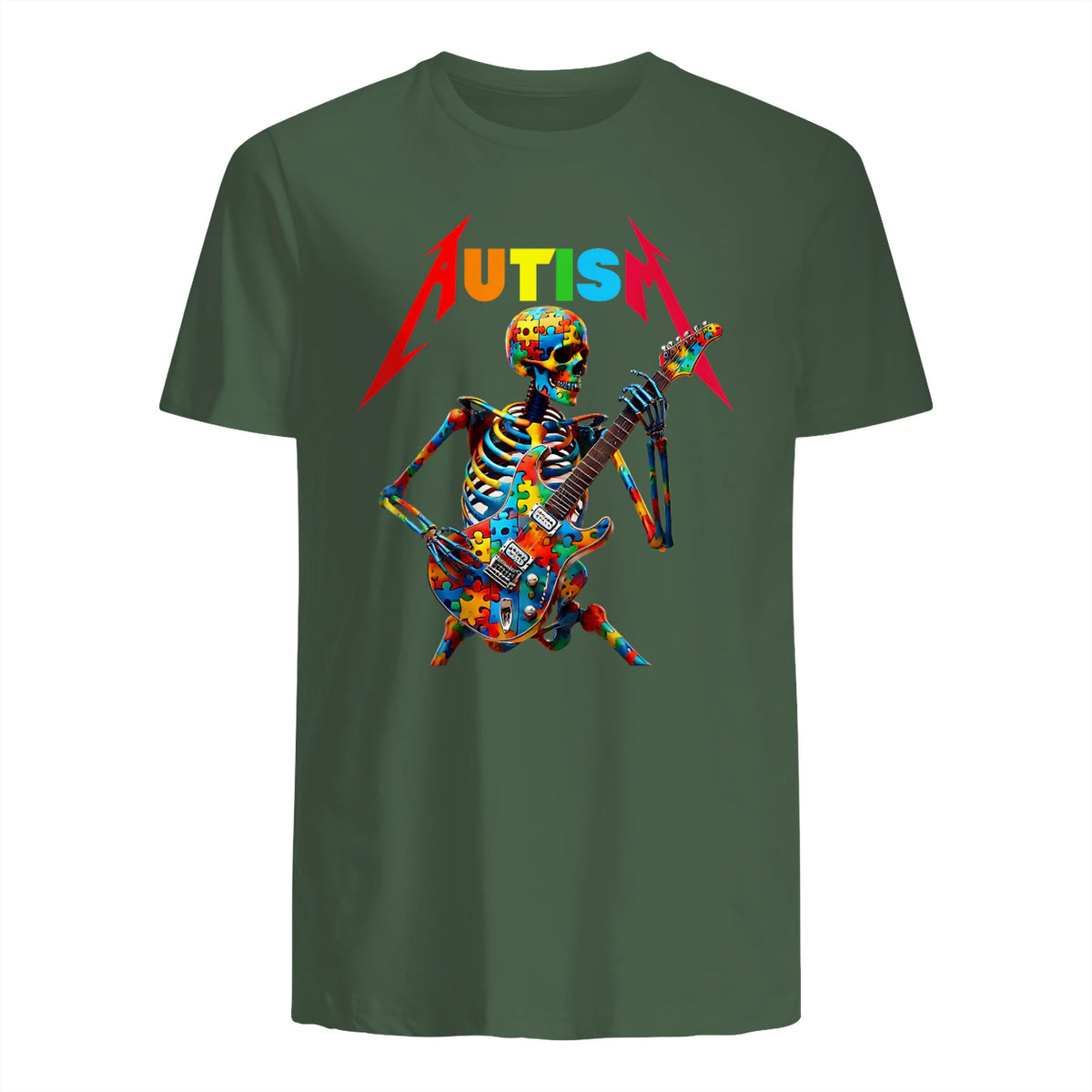 Autism Skeleton Guitar Player Rock Music Autism Awareness in Military Green - back view