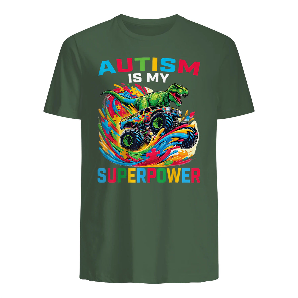 Autism is My Superpower Dino T Rex Monster Truck Kids Boys in Military Green - back view