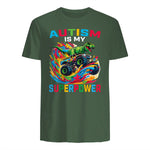 Autism is My Superpower Dino T Rex Monster Truck Kids Boys in Military Green - back view