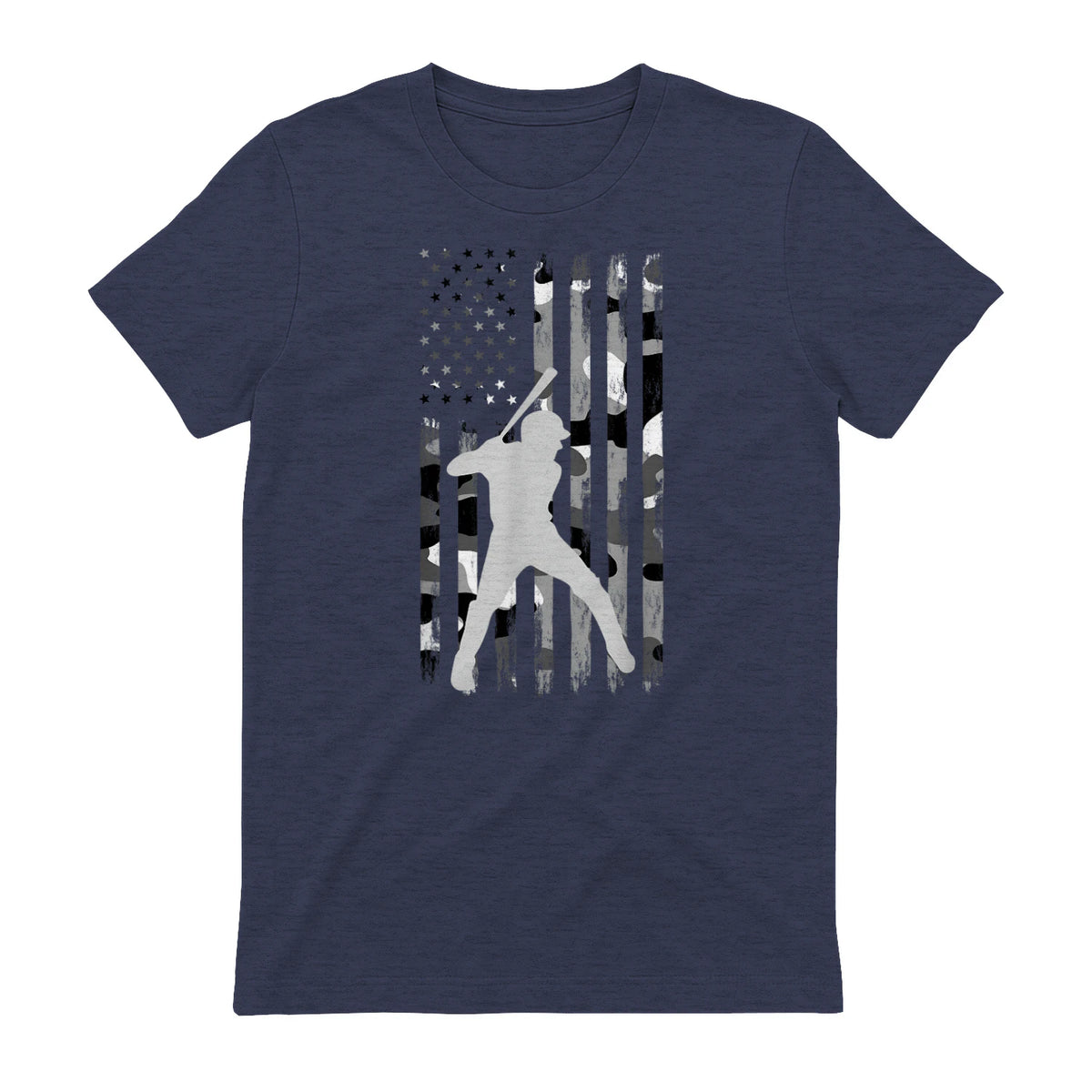 Baseball Player American Flag USA Camo Patriotic Graphic T-Shirt in Heather Navy - back view