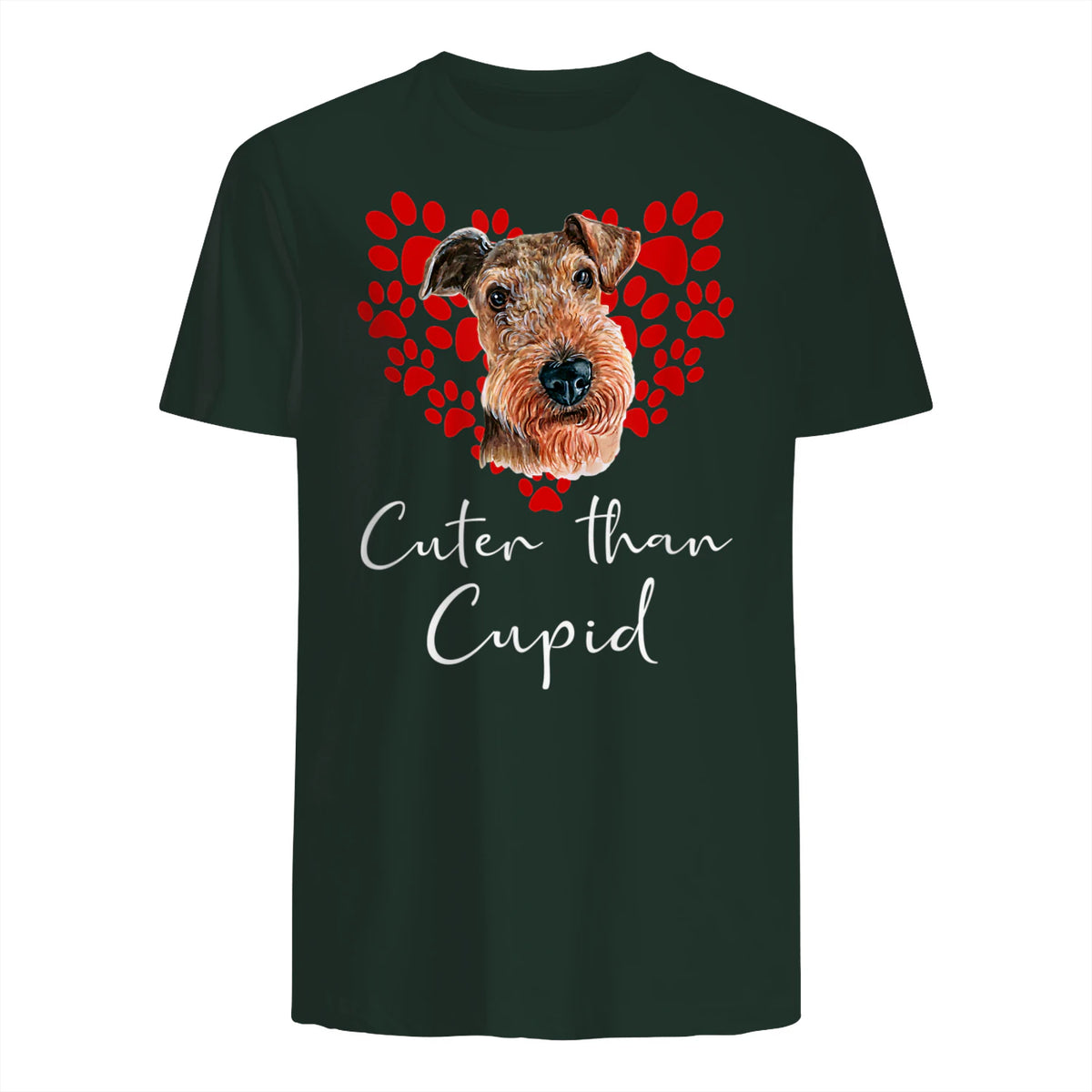 AIREDALE TERRIER Cuter Than Cupid Disant Saint Valentin in Forest Green - back view