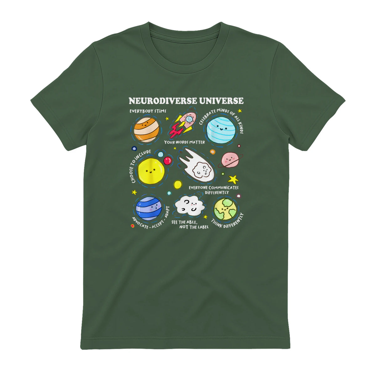 Kids Autism Awareness Neurodiverse Universe Neurodiversity in Military Green - back view