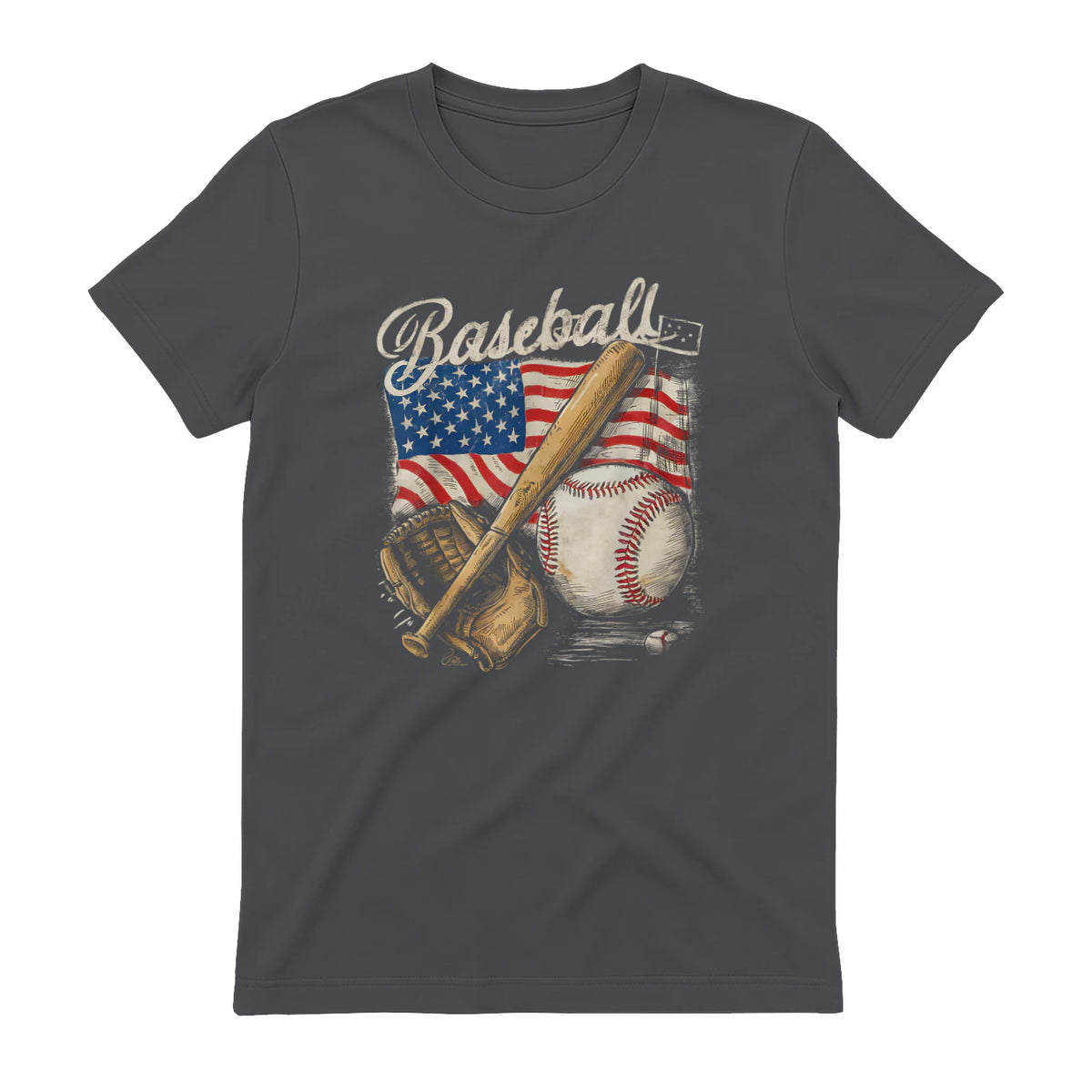American Flag Baseball Player Bat Fan Catcher Pitcher USA T-Shirt in Charcoal - back view
