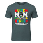 Autism Mom Raising Hero Messy Bun Autism Awareness in Dark Heather - front view