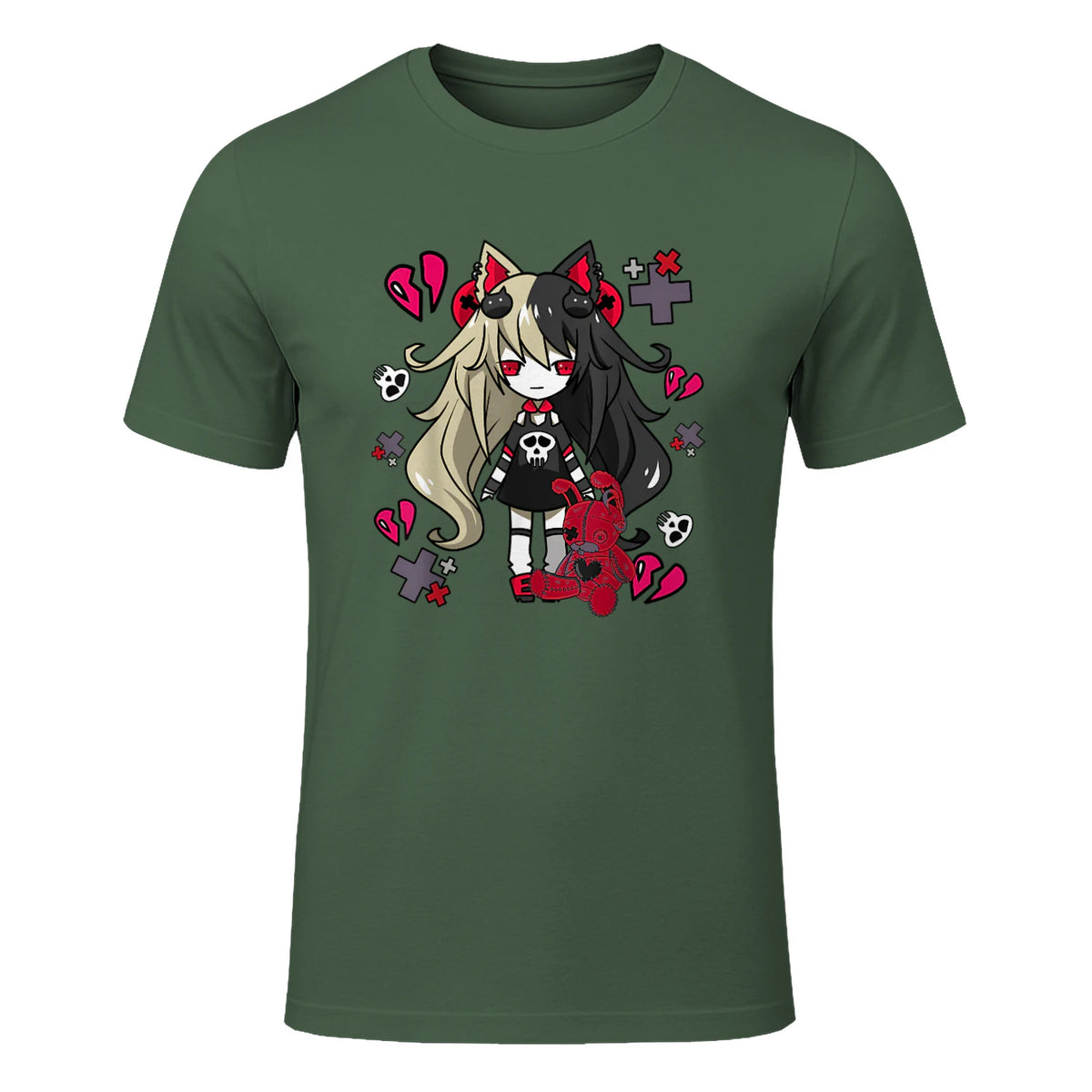 Chibi Kawaii Emo Pastel Goth Girl with Sad Bunny in Military Green - front view