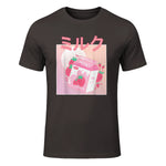Funny Retro Nineties Japanese Kawaii Strawberry Milk Shake Carton T-Shirt in Dark Chocolate - front view