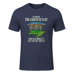 Flat Earth Society T Shirt Turtle Elephants Men Women Gift in Heather Navy - front view
