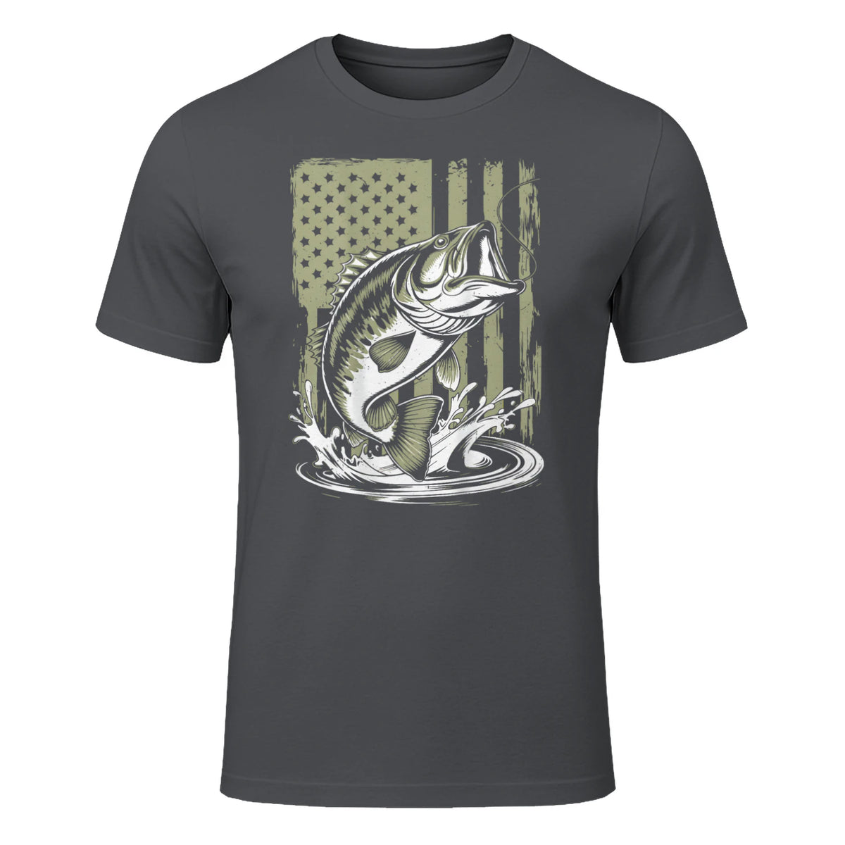 Fishing Camo Bass Fish American Flag Men's Fisherman Gift T-Shirt in Charcoal - front view