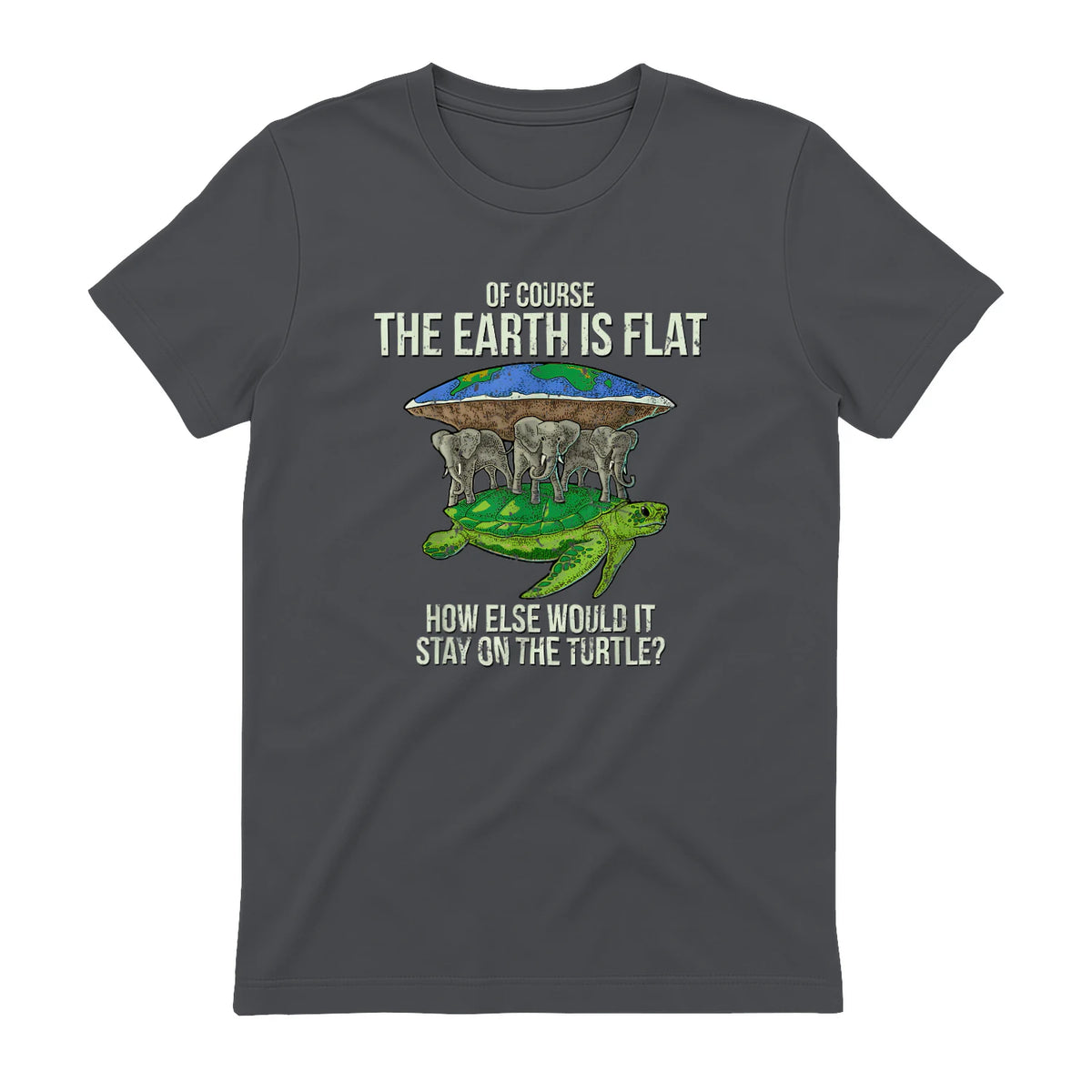 Flat Earth Society T Shirt Turtle Elephants Men Women Gift in Charcoal - back view