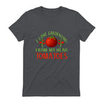 I Love Gardening From My Head Tomatoes Funny T-Shirt in Charcoal - back view