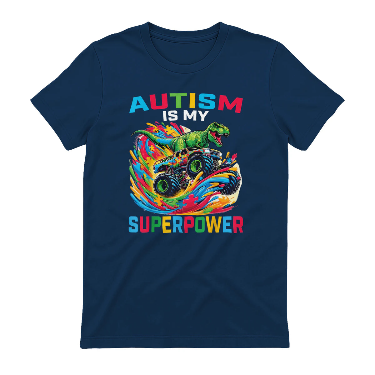 Autism is My Superpower Dino T Rex Monster Truck Kids Boys in Navy - back view