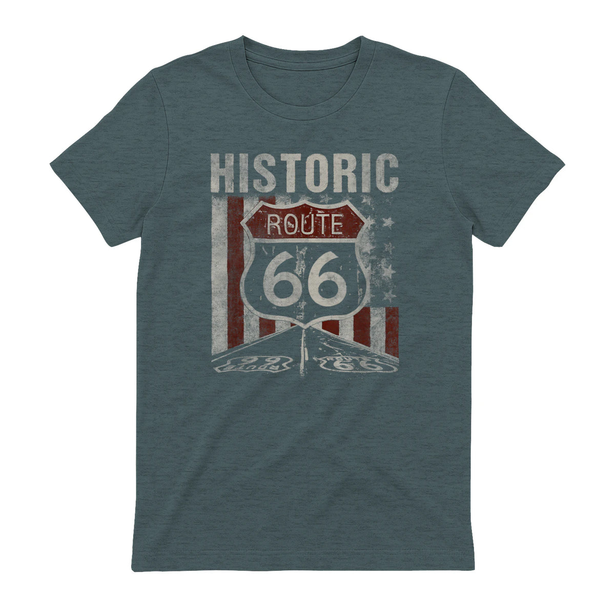 Historic USA Route Sixty-Six Highway Road Sign T-Shirt in Dark Heather - back view