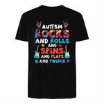 Autism Rocks Rolls Spins Flaps Awareness Boys Kids Women Men in Black - back view