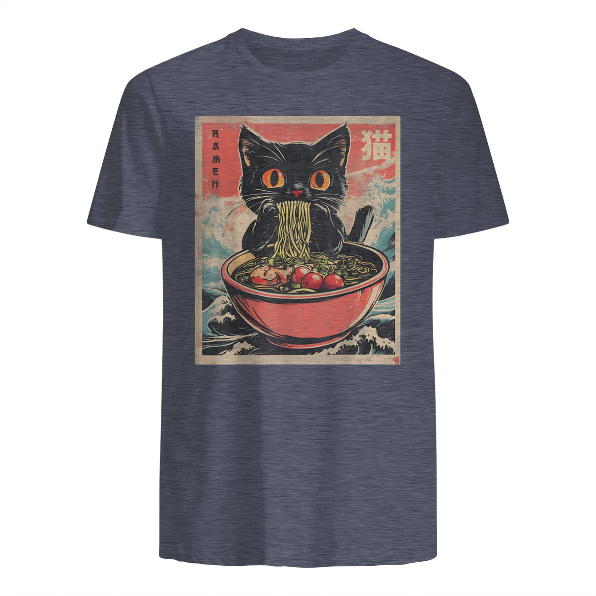 Unisex Adults Cat Ramen Japanese Funny Graphic Tees Kawaii Cat Anime Gifts T-Shirt in Heather Navy - back view