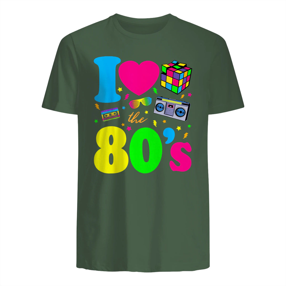I Love the Eighties Classic Nostalgia T-Shirt in Military Green - back view
